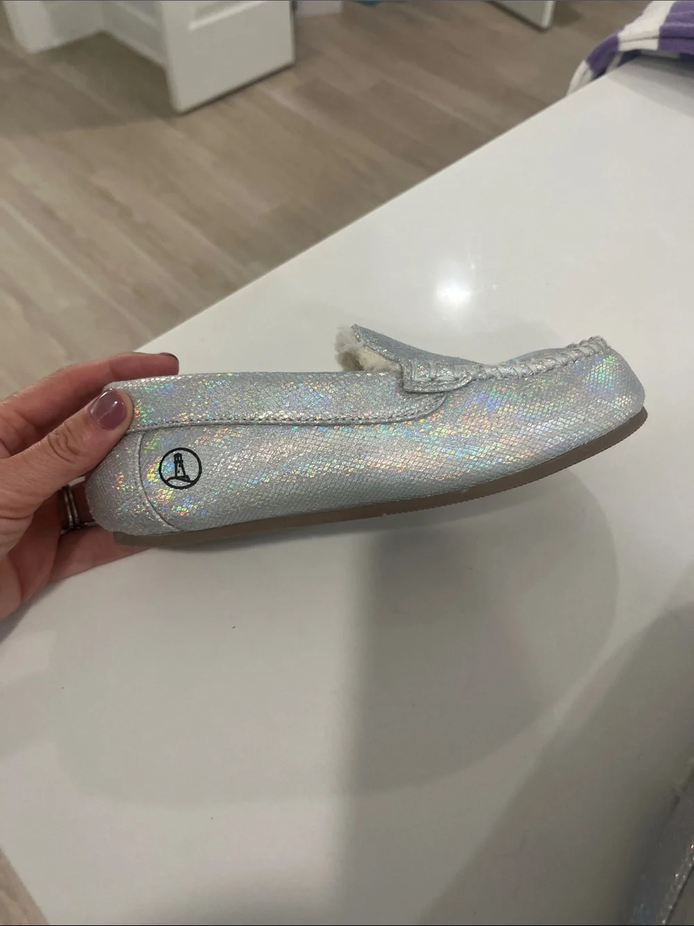 Lands' End Silver Holographic Faux-Fur Lined Kids Slip-On Slippers